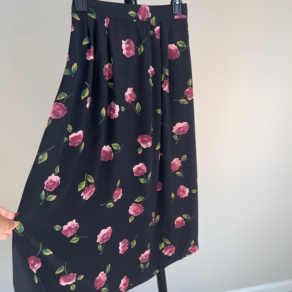 Jaclyn Smith Vintage Floral Midi Skirt Black Pink Rose Print 90s Whimsygoth